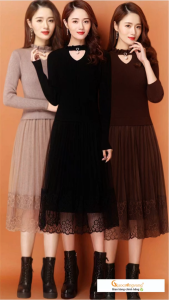 Váy đầm len phối chân váy ren váy đầm dài liền thân GLV163 Cuocsongvang