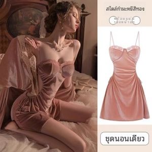 ชุดนอนผู้หญิงเซ็กซี่ฤดูใบไม้ร่วงและฤดูหนาวพร้อมแผ่นเสริมหน้าอกผ้าไหมน้ำแข็ง Pure Desire ชุดนอนคอวีแขนกุด