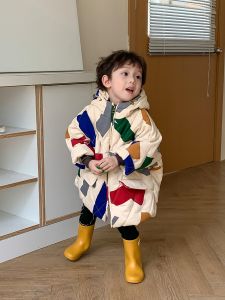 Korean Style Thickened Hooded Mid-Length Geometric Pattern Baby Coat for Boys And Girls Childrens Cotton Jacket Autumn Winter New Arrival
