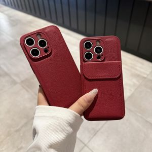 Anclara Red Leather Phone Case with Card Holder Stand Compatible with  16Promax Full Cover Soft Edge for Couples Creative