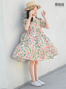 Chai Dad Original Floral Print Princess Dress Childrens Summer Fashionable Clothing Cotton Material Short Sleeve Midi Skirt for Girls