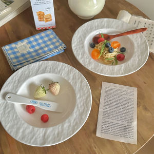 White Ceramic Pasta Plate Rock Texture Home Use Dining Utensils Salad Soup Dish Popular Internet Plate Japanese Style round Bowl