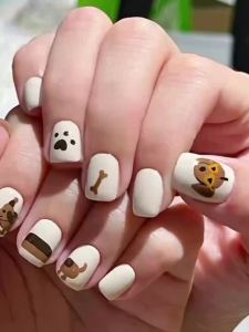 Short fake nails cute cat dog animals star print Square nail tips Japanese Korean style full cover acrylic press on false nails