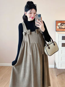 Sweet Butterfly Knot Cotton Velvet Maternity Dress Autumn Outfit Set French Style Maternity Dress Fashionable Shoulder Strap Skirt Top