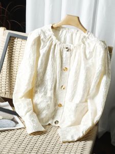 Áo Khoác Nữ Tay Đèn Lồng Cổ Tròn Thêu Hình Trái Tim Mùa Xuân Thường Ngày Polyester Dài Tay Dáng Rộng Đơn Nút Cài