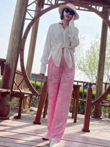 New Summer Chinese Style Womens Satin Wide Leg Pants Casual Long Trousers National Trend High Waist Simple Embroidery