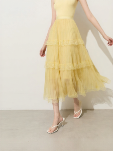 D-PLAY | High Waist Lace Midi Skirt Yellow