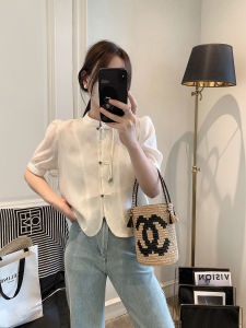 New Chinese Style Shirt Short Bubble Sleeve Womens Fashion Korean Version Button Placket Cotton Polyester Blend Summer Top