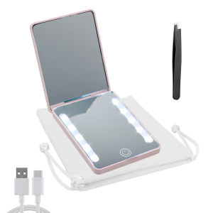 กระจกแต่งหน้าพกพาแบบ LED ขนาดเล็ก ขยาย 3 เท่า พร้อมที่ถอนขนคิ้ว ชาร์จไฟได้ พกพาสะดวก