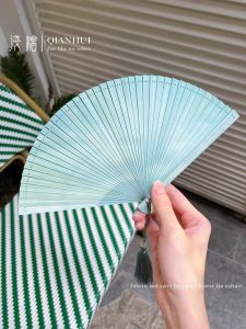 Full Bamboo Mini Folding Fan Vintage Portable Retro Summer Fan Cheongsam Companion Original Bamboo Sky Blue Classical Chinese