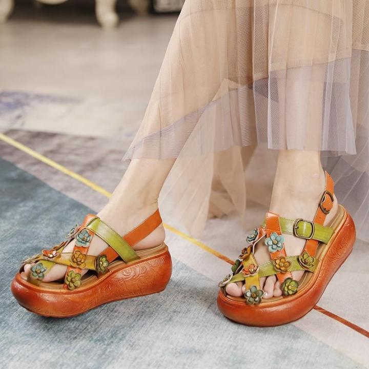 Summer New Vintage Muffin Hollow Thick-soled Women's Wedge Sandals  Ethnic-style Leather Handmade Sandals Lazada PH