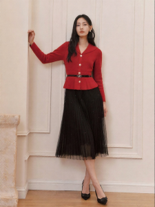 Koradior | Glitter Knit Faux Layered Waist-cinched Wool Knitted Dress