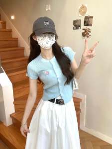 Hong Kong Style Blue Short-Sleeved Niche Slimming Knitted Cardigan T-shirt Top Womens New Summer Shirt Dopamine Wear