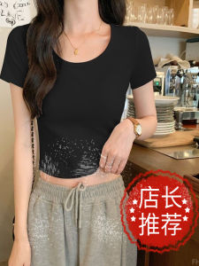 Black Short Sleeve T-Shirt Womens Summer Slim Fit Base Layer Top Versatile Stylish Design Cotton Blend round Neck Ultra-Short