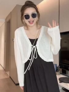 พลัสไซส์ ผู้หญิง ถัก คาร์ดิเกน มีเข็มขัด ฤดูใบไม้ผลิ ฤดูร้อน เสื้อตัวนอก กันแดด สีขาว สี พรางหุ่น เอฟเฟกต์ หวาน สไตล์