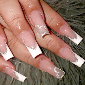 เล็บปลอมแบบกดติด 24 ชิ้น สไตล์ Y2K สีชมพู Blossom พร้อมกาวเจลขอบสีขาว แบบเฟรนช์ ทรงโลงศพ ยาว สไตล์ยุโรป