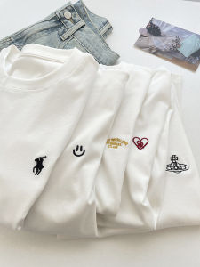 Limbo Home. Minimalist Embroider Round Neck White Short-Sleeved T-shirt for Women Summer Loose All-Matching Slimming Casual Bottoming Shirt