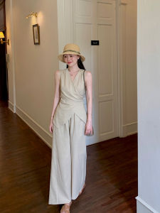 Wang Han Yan Minimalist Cotton Linen Blend Top Bottom Set Women Summer Fashionable Two-Piece Suit V-Neck Long Pants