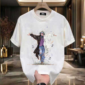 Summer Mens Short Sleeve T-Shirt Trendy Cotton Pure Clown Style Retro Hong Kong Style Loose Fit Breathable Printed round Neck