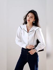 Women Korean Academy Style Navy Collar Shirt Waist Slimming Long Sleeved Blouses