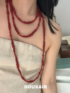 Natural Red Agate Gradient Beads Necklace French Vintage Style Sweater Chain Women Fashion Jewelry Luxury Classy Tassel Pendant
