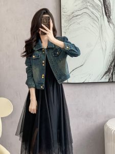 Retro Slim Fit Denim Short Jacket Womens Polo Collar Long Sleeve Autumn New Style Fashionable Casual Loose Type Top