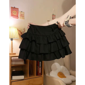 Black Puffy Skirt Womens Mini High Waist A-Line Meat Covering Y2K Spicy Girl Half-length Short Skirt Ballet Style Lace Trim
