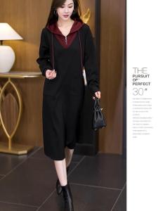Plus Size Fake Two Pieces Mid-Length Dress Womens Hooded Spring & Fall New Arrival Plus Size Ladies Belly Covering Hip Loose Patchwork Sweatshirt Dress