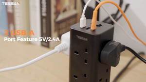 TESSAN SG - SG Safety Mark Tower Socket Black Extension Cord Tower 12 Outlets Surge Protector Power Plug with USB Type C