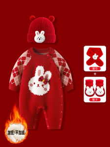 Autumn Winter Knitted Fleece Lined Baby Girl Clothes New Year Celebration Outfit One Piece Suit Red Color for One Month Old Baby