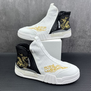 High-Top Mens Board Shoes Embroidered Dragon Slip-On Trendy Cotton Fabric Breathable round Toe Flat Heel Rubber Outsole