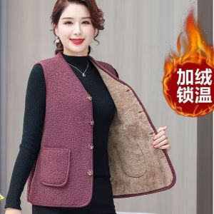 Thickened Particle Fleece Womens Vest Spring Autumn Outerwear Winter Warm Quilted Zipper Closure round Neck Polyester Jacket