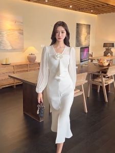 FANMU Gaun Mewah Lengan Panjang Prancis Dress Putih