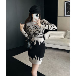 ชุดเดรสสั้นทรงเข้ารูปสไตล์ฝรั่งเศสย้อนยุค ผ้าถัก แขนยาว ทรงเข้ารูป สำหรับผู้หญิง ช่วงฤดูใบไม้ร่วง ลายพราง ชุดเดรสยาวคลุมเข่า