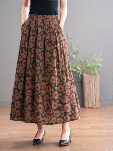 High Waist Floral Cotton Lin Skirt Womens Mid-Length A-Line Skirt Draping Word Large Swing Chinese Style Autumn Winter New Arrival