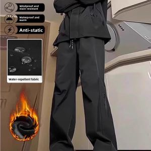 Thickened Fleece Lined Straight Leg Casual Pants for Men Autumn Winter Wear Resistant Dirty Work Pants Loose Fit Youth Style
