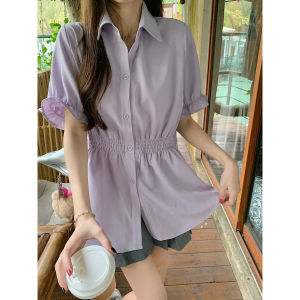 plus Size French Style Womens Short Sleeve Shirt Summer New Slimming Cover Belly Shirt Shoulder Width Appropriate Waist Shaping