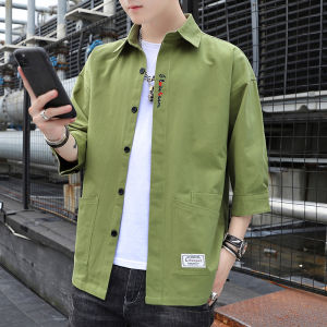Loose Fit Mens Cotton Shirt Three-Quarter Sleeve Short Sleeve Casual Summer Fashion Korean Style Workwear Jacket