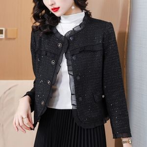 WANGGONGZHU | Elegant Chanel Style Womens Jacket Spring Autumn 2025 New Coarse Tweed Simple Fashion Versatile Basic Round Neck Long Sleeve