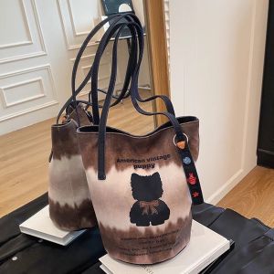 Cute Cat Design Canvas Bucket Bag Womens Crossbody Shoulder Bag Casual Versatile New Autumn Winter Fashion Handbag