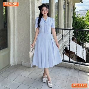 Đầm thiết kế BEMINE cổ tim cavat giả dáng chữ A tùng xếp ly phù hợp đi làm-MT11112