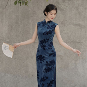 Retro Blue Floral Fit And Breathable New Spring Summer Sleeveless Daily Chinese Style Cheongsam Dress