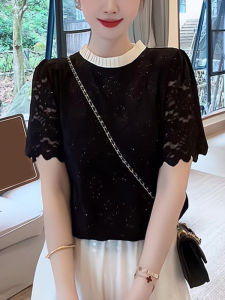 Spring French Design Elegant Lace Short Sleeve T-Shirt