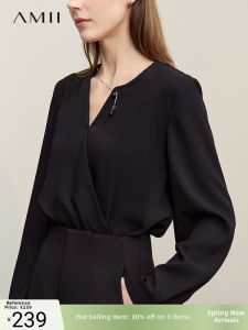 AMII | Autumn New Elegant Office Style Asymmetric Collar Beaded Chain Blouse