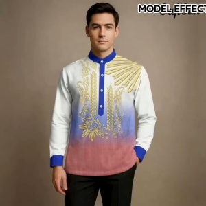 Barong Tagalog for Men Modern Polo Shirts for Men Stand Collar Button Shirts 2026 Philippines Retro Barong Print Shirts for Men Vintage Top