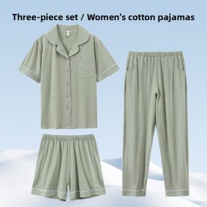 MiiOW | Pure Cotton Summer Sleepwear Womens Lightweight Breathable Short Sleeve Shorts Home Clothes Three-piece Set Comfortable MiiOW