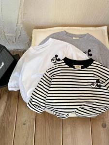 เสื้อยืดลายทางเด็กเสื้อตัวในแขนยาวชุดเด็กดิสนีย์ชุดฤดูใบไม้ร่วงลายการ์ตูนสไตล์เกาหลีสำหรับเด็กหญิงและเด็กชายเสื้อสไตล์ตะวันตก