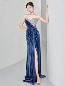 Blue Velvet One Shoulder Long Evening Dress Birthday Party Wedding Reception Fashionable mid Waist Gown with Train for Women