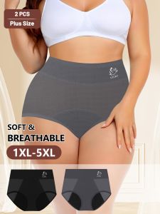 2-Pack Womens Period Panties High-Waist Triangle Briefs Breathable Mesh Belly Slimming Hip Lifting plus Size Underwear