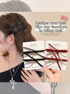 NING ZHOU | Black Leather Bow Hair Clip for Fringe and Side